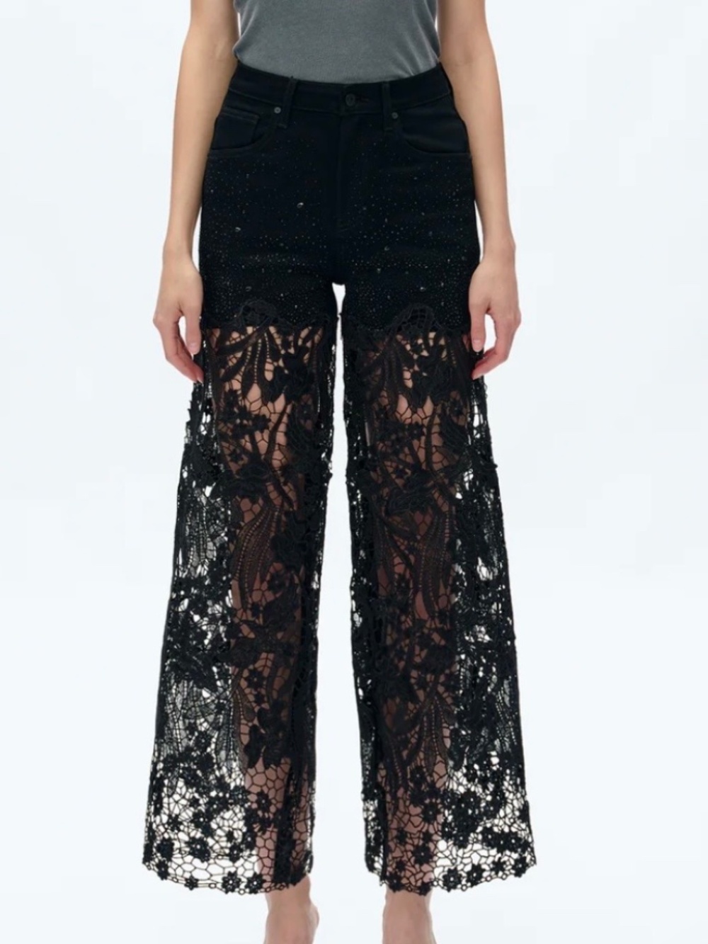 BLACK HIGH WAIST CRYSTAL EMBELLISHED CURVE HUGGING WIDE LEG LACE JEANS - Picture 1 of 12